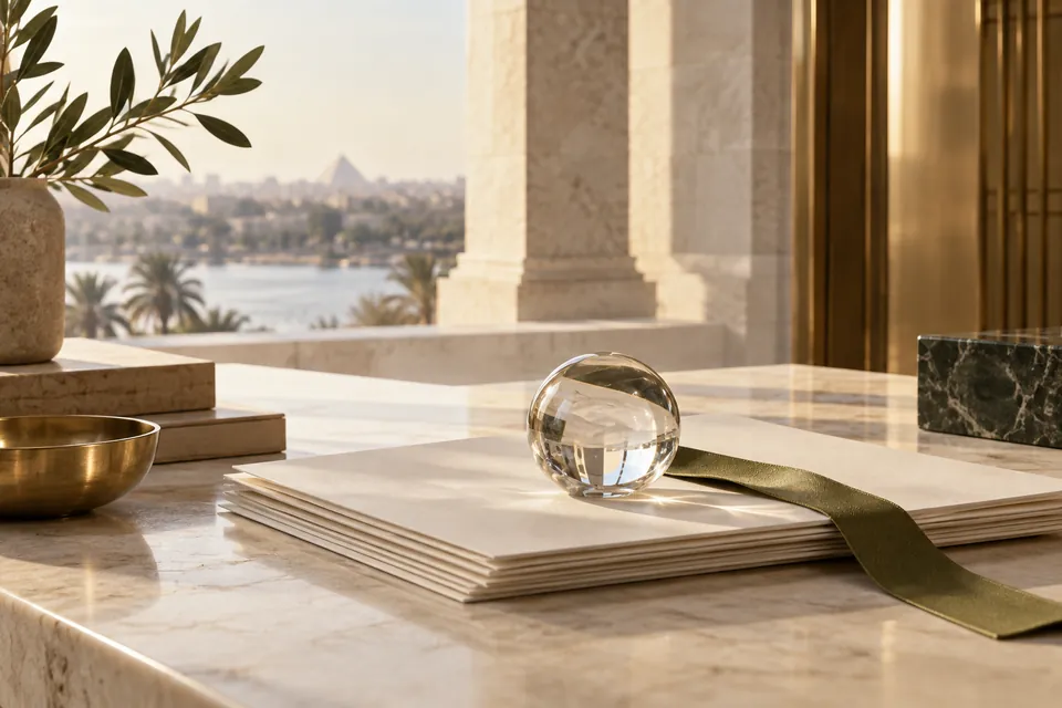 Document sheets under a crystal paperweight