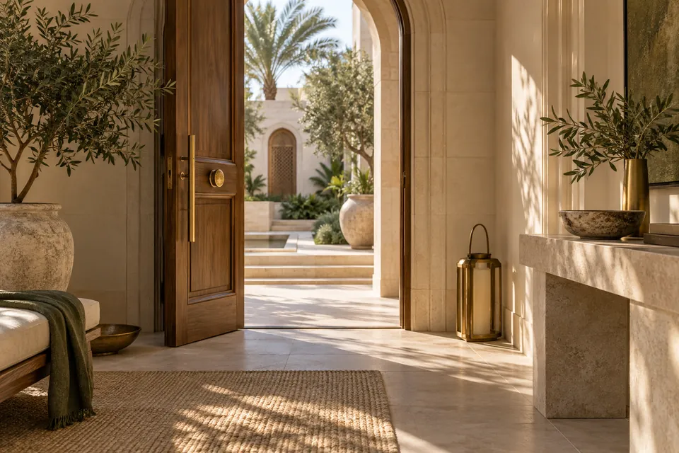 Warmly lit illustrative home entrance