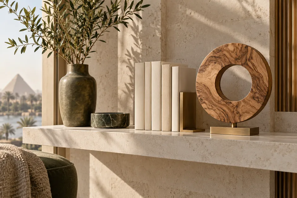 Reference books and wooden sculpture