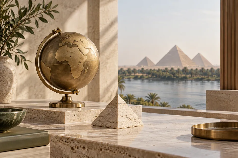 Brass globe and Egypt-inspired stone composition