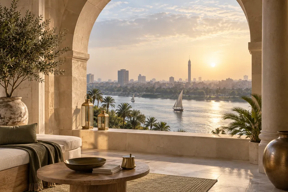 Nile-inspired waterfront through a stone arch