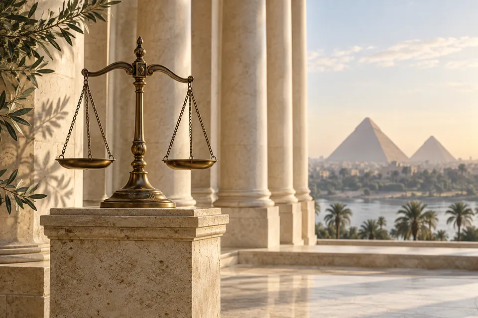 Brass justice balance on ivory stone
