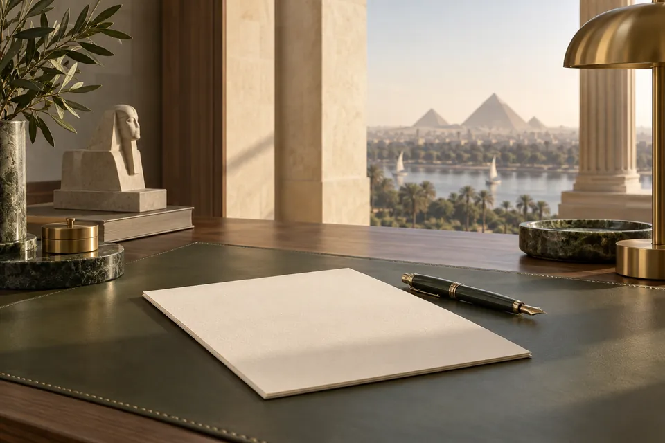 Document folio and pen on olive leather