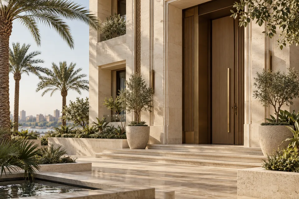 Illustrative limestone residential facade