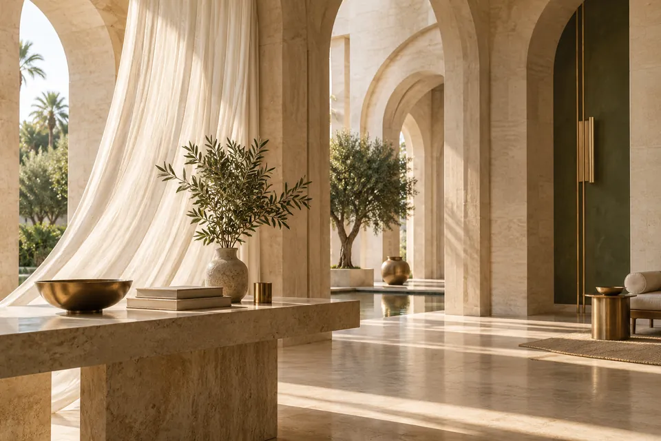 Contemporary limestone arches in soft light